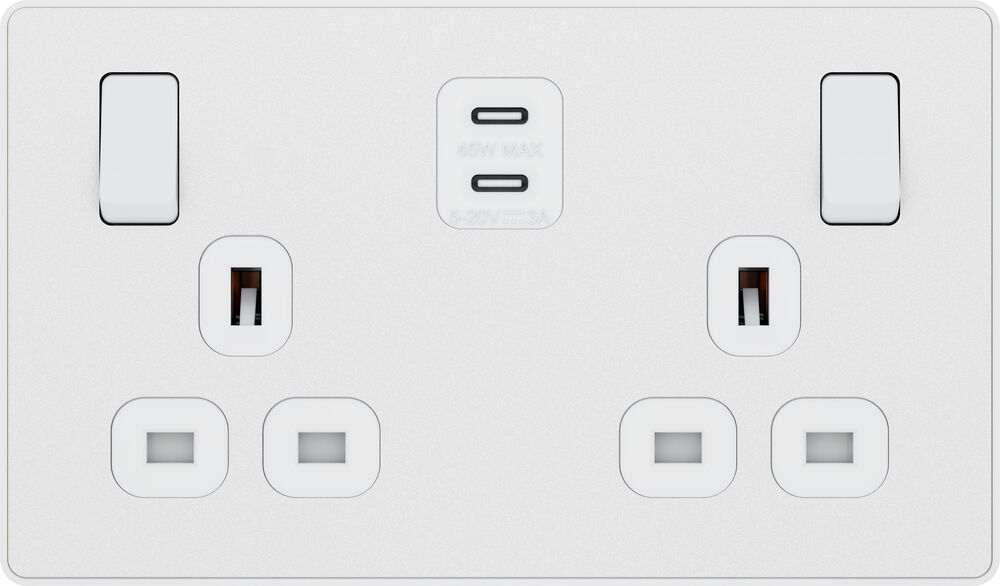 BG Evolve PCDCL22UCC45W 13A Double Switched Power Socket + 2xUSB-C (45W) - Pearlescent White (White)