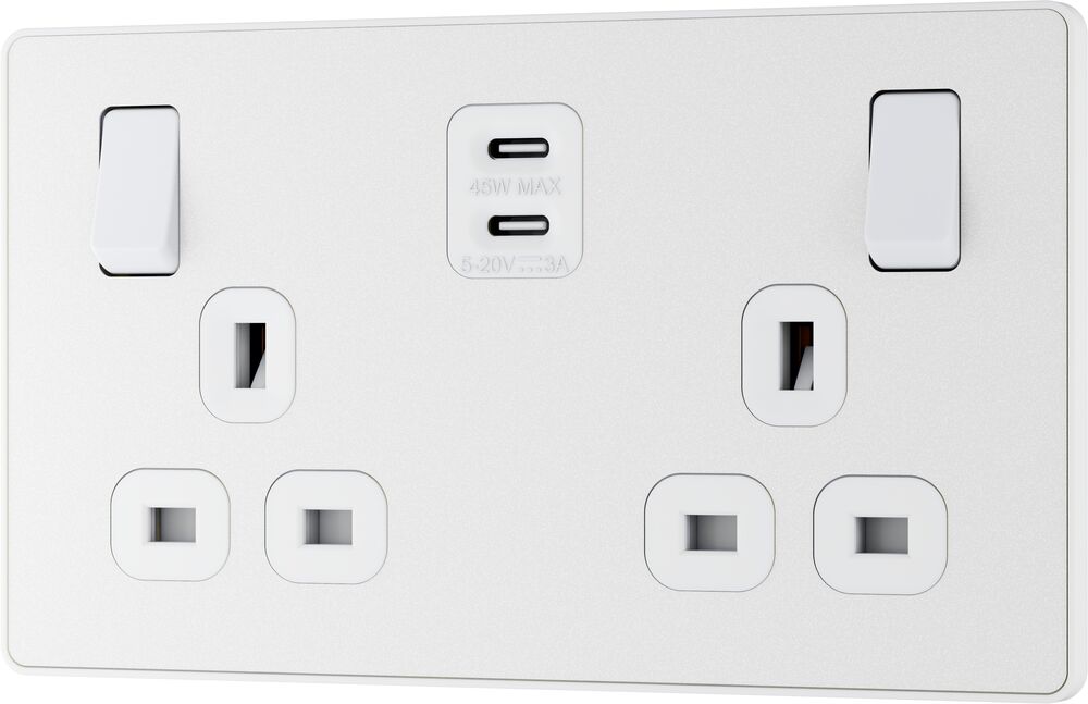 BG Evolve PCDCL22UCC45W 13A Double Switched Power Socket + 2xUSB-C (45W) - Pearlescent White (White)