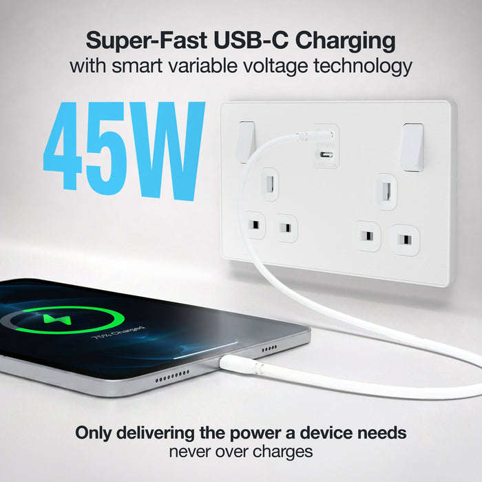 BG Evolve PCDCL22UCC45W 13A Double Switched Power Socket + 2xUSB-C (45W) - Pearlescent White (White)