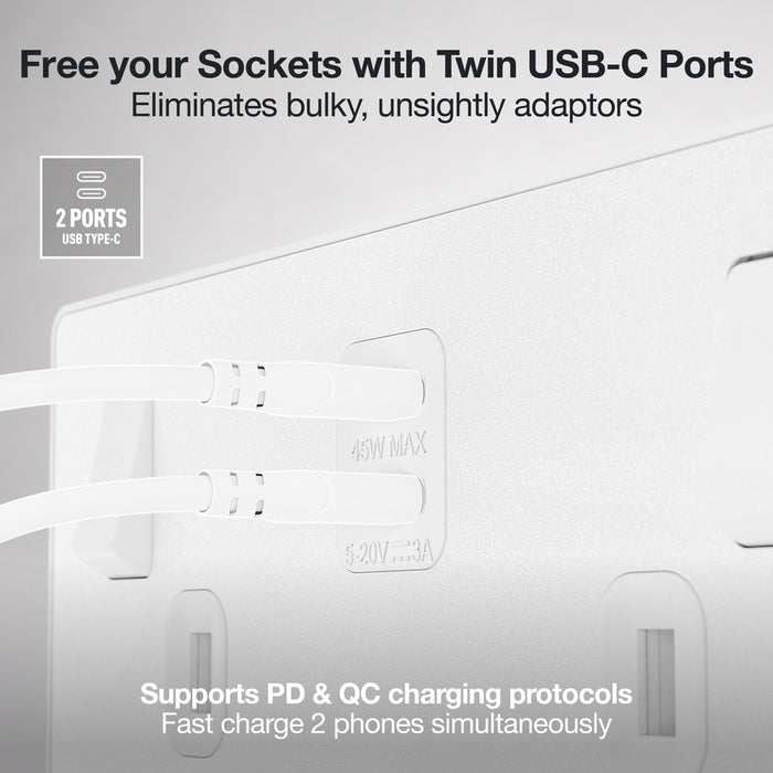 BG Evolve PCDCL22UCC45W 13A Double Switched Power Socket + 2xUSB-C (45W) - Pearlescent White (White)