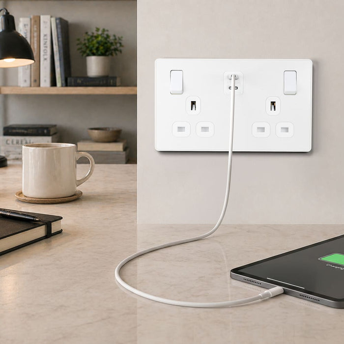BG Evolve PCDCL22UCC45W 13A Double Switched Power Socket + 2xUSB-C (45W) - Pearlescent White (White)