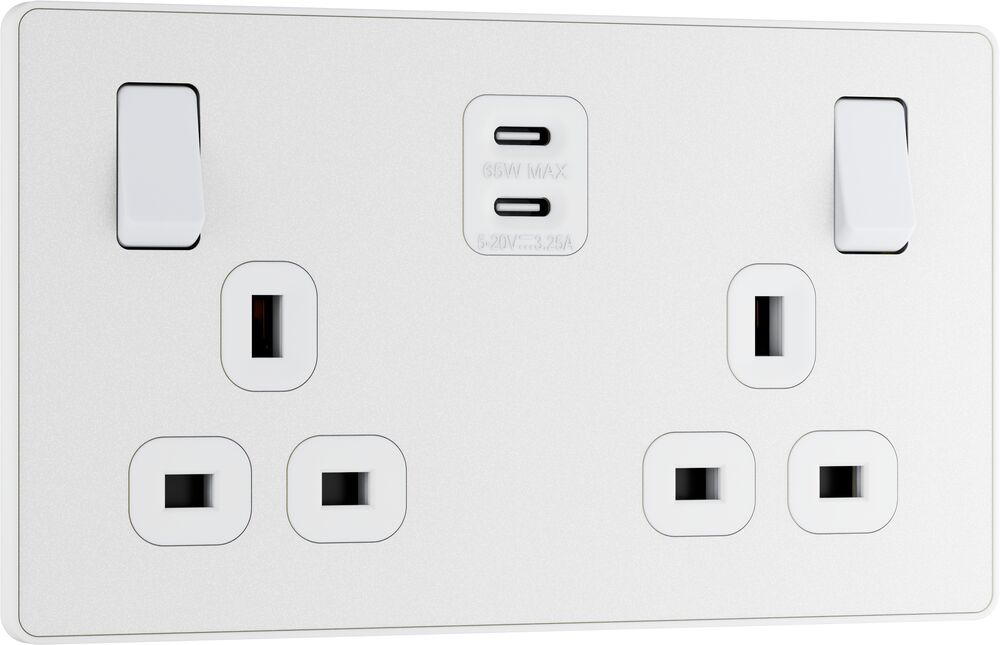 BG Evolve PCDCL22UCC65W 13A Double Switched Power Socket + 2xUSB-C (65W) - Pearlescent White (White)