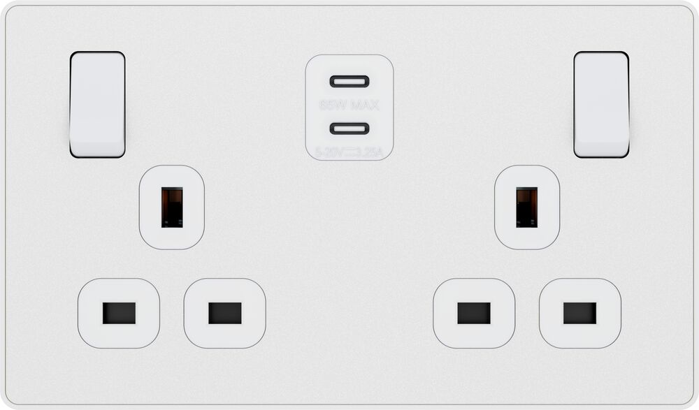 BG Evolve PCDCL22UCC65W 13A Double Switched Power Socket + 2xUSB-C (65W) - Pearlescent White (White)
