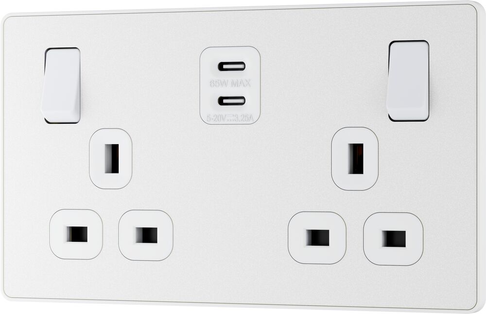 BG Evolve PCDCL22UCC65W 13A Double Switched Power Socket + 2xUSB-C (65W) - Pearlescent White (White)