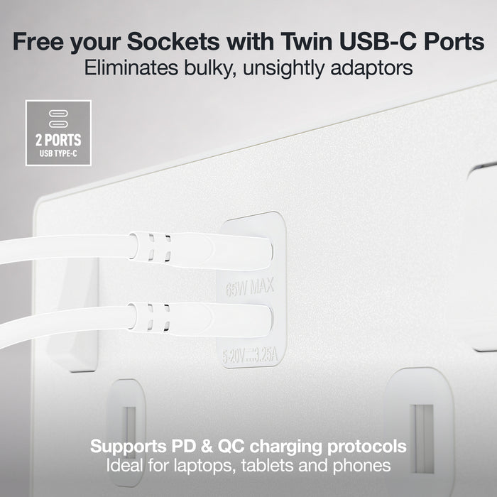 BG Evolve PCDCL22UCC65W 13A Double Switched Power Socket + 2xUSB-C (65W) - Pearlescent White (White)