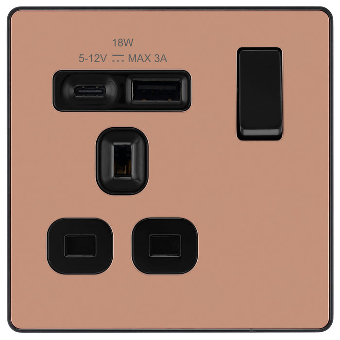 BG Evolve PCDCP21UAC18B 13A Single Switched Power Socket + USB A+C (18W) - Polished Copper (Black)