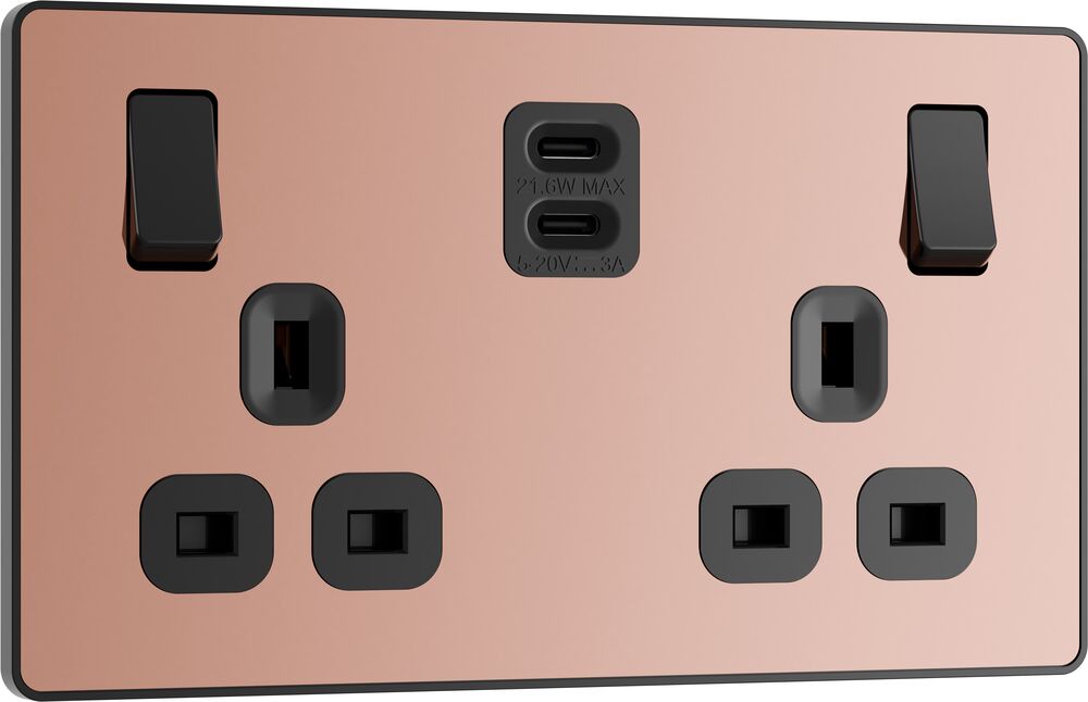 BG Evolve PCDCP22UCC22B 13A Double Switched Power Socket + 2xUSB-C (22W) - Polished Copper (Black)
