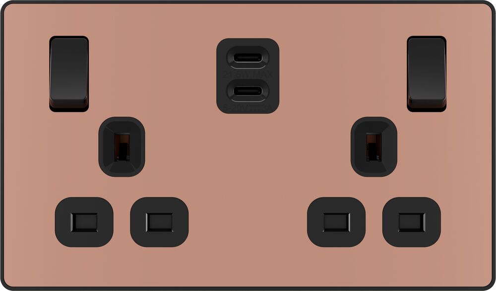 BG Evolve PCDCP22UCC22B 13A Double Switched Power Socket + 2xUSB-C (22W) - Polished Copper (Black)