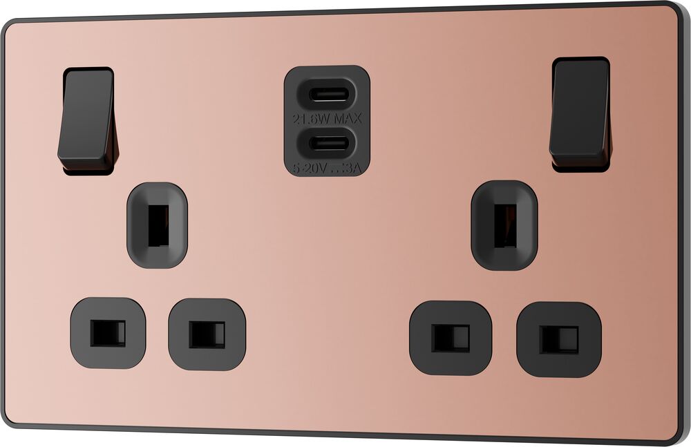 BG Evolve PCDCP22UCC22B 13A Double Switched Power Socket + 2xUSB-C (22W) - Polished Copper (Black)