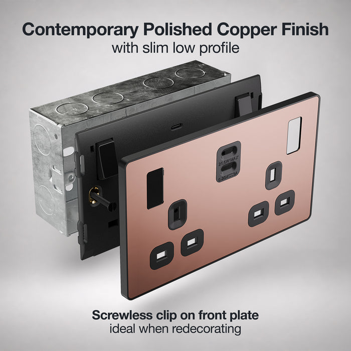 BG Evolve PCDCP22UCC22B 13A Double Switched Power Socket + 2xUSB-C (22W) - Polished Copper (Black)