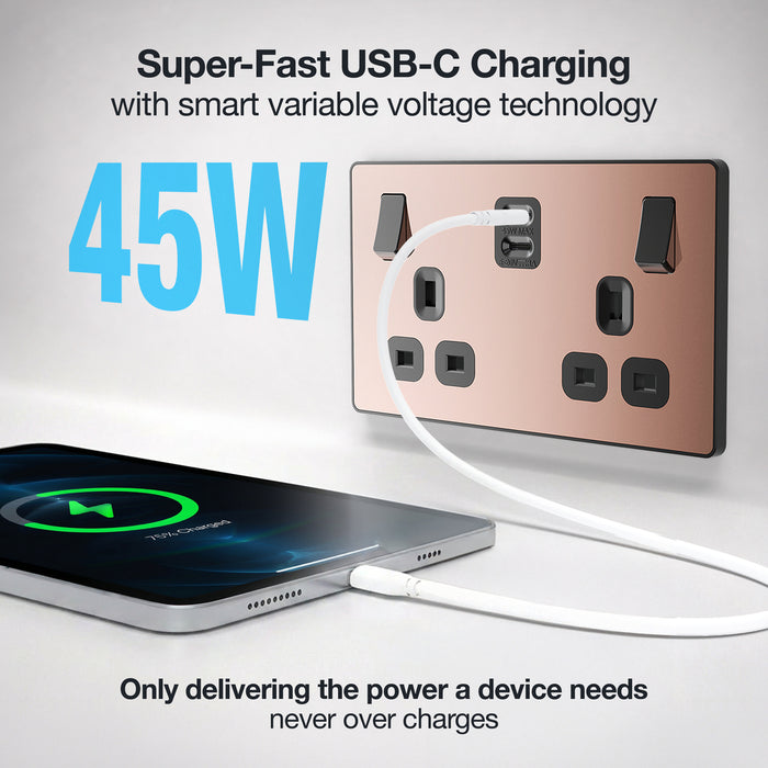BG Evolve PCDCP22UCC45B 13A Double Switched Power Socket + 2xUSB-C (45W) - Polished Copper (Black)