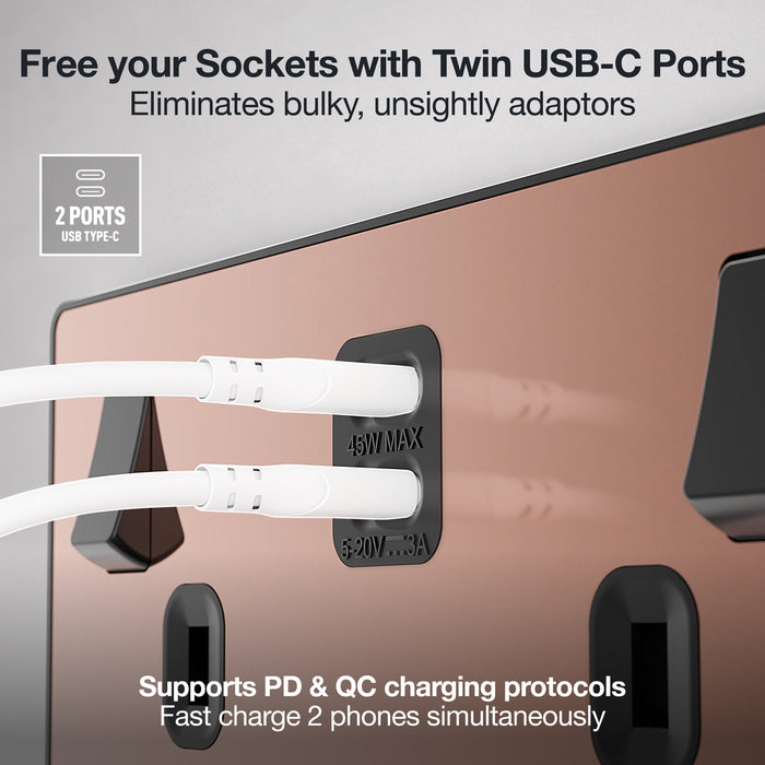 BG Evolve PCDCP22UCC45B 13A Double Switched Power Socket + 2xUSB-C (45W) - Polished Copper (Black)