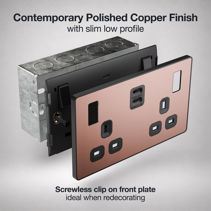 BG Evolve PCDCP22UCC45B 13A Double Switched Power Socket + 2xUSB-C (45W) - Polished Copper (Black)