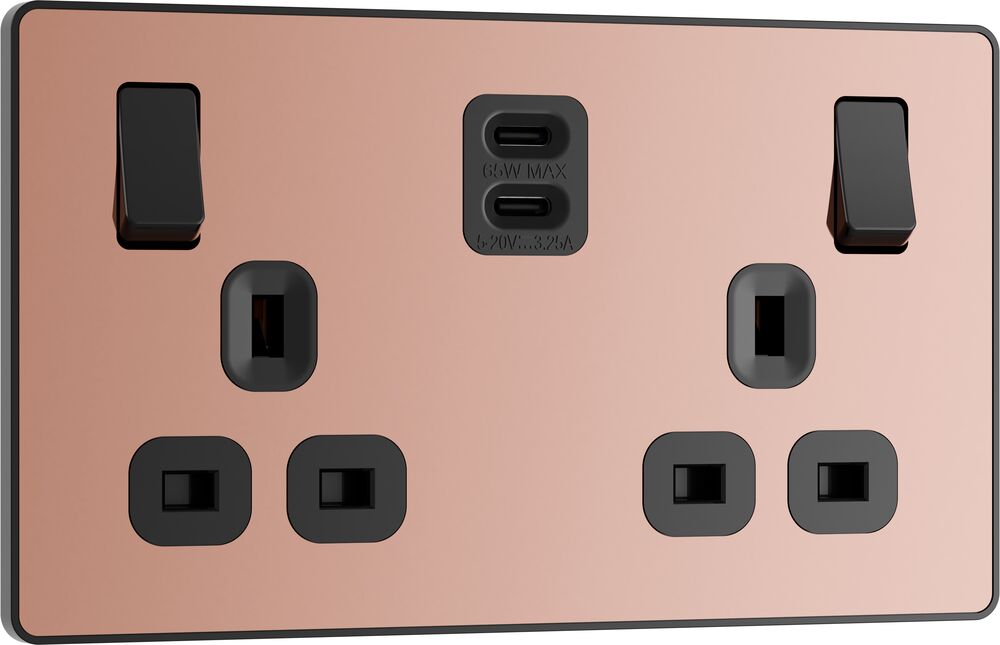 BG Evolve PCDCP22UCC65B 13A Double Switched Power Socket + 2xUSB-C (65W) - Polished Copper (Black)