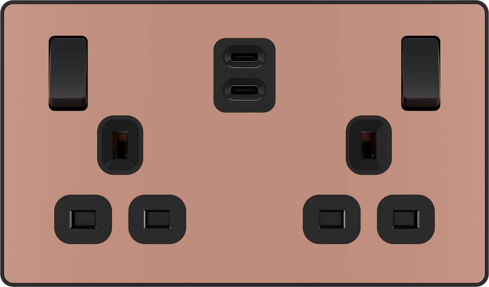 BG Evolve PCDCP22UCC65B 13A Double Switched Power Socket + 2xUSB-C (65W) - Polished Copper (Black)