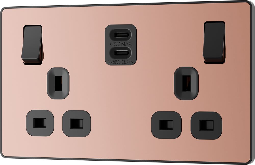 BG Evolve PCDCP22UCC65B 13A Double Switched Power Socket + 2xUSB-C (65W) - Polished Copper (Black)