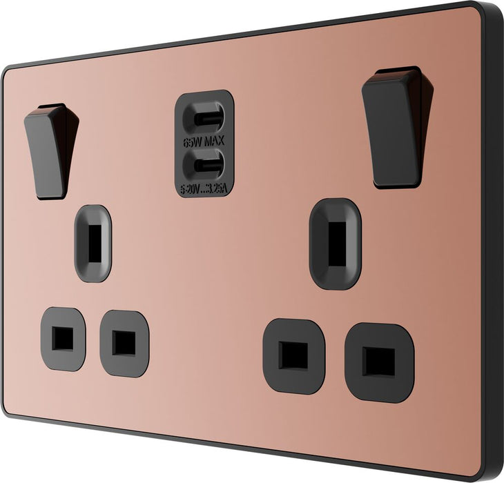 BG Evolve PCDCP22UCC65B 13A Double Switched Power Socket + 2xUSB-C (65W) - Polished Copper (Black)