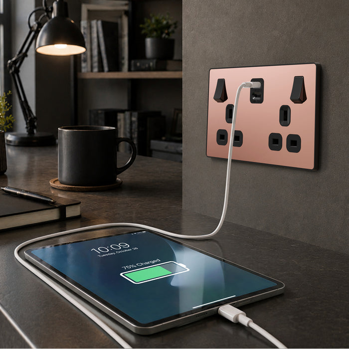 BG Evolve PCDCP22UCC65B 13A Double Switched Power Socket + 2xUSB-C (65W) - Polished Copper (Black)