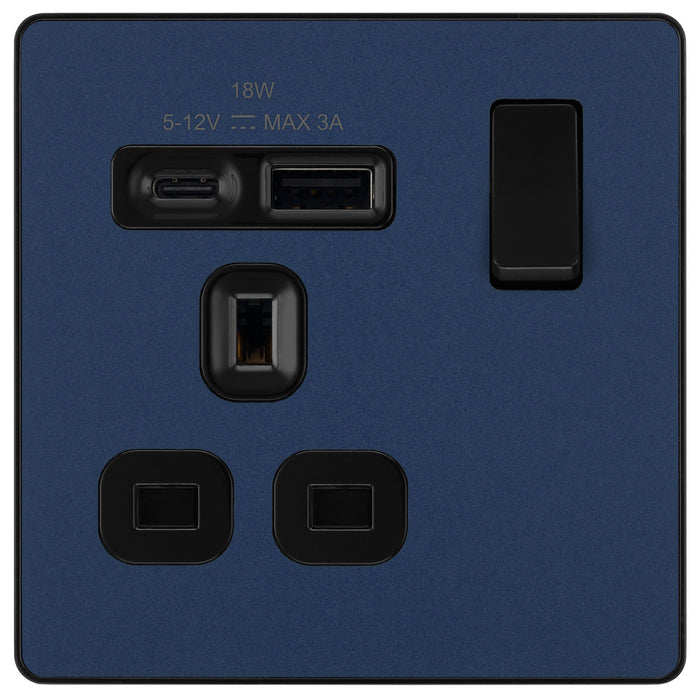 BG Evolve PCDDB21UAC18B 13A Single Switched Power Socket + USB A+C (18W) - Matt Blue (Black)