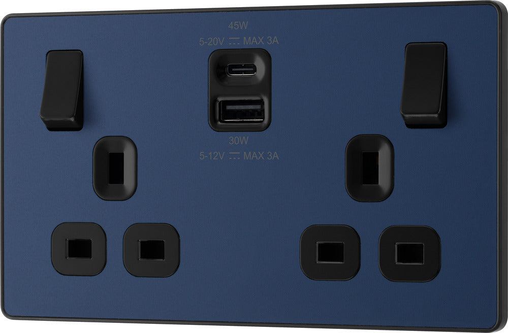 BG Evolve PCDDB22UAC45B 13A Double Switched Power Socket + USB A+C (45W) - Matt Blue (Black) - westbasedirect.com