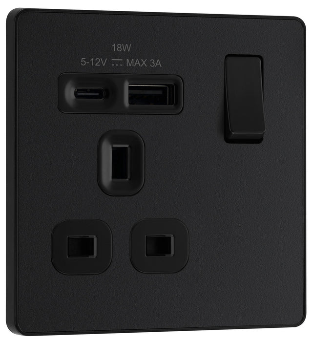 BG Evolve PCDMB21UAC18B 13A Single Switched Power Socket + USB A+C (18W) - Matt Black (Black)