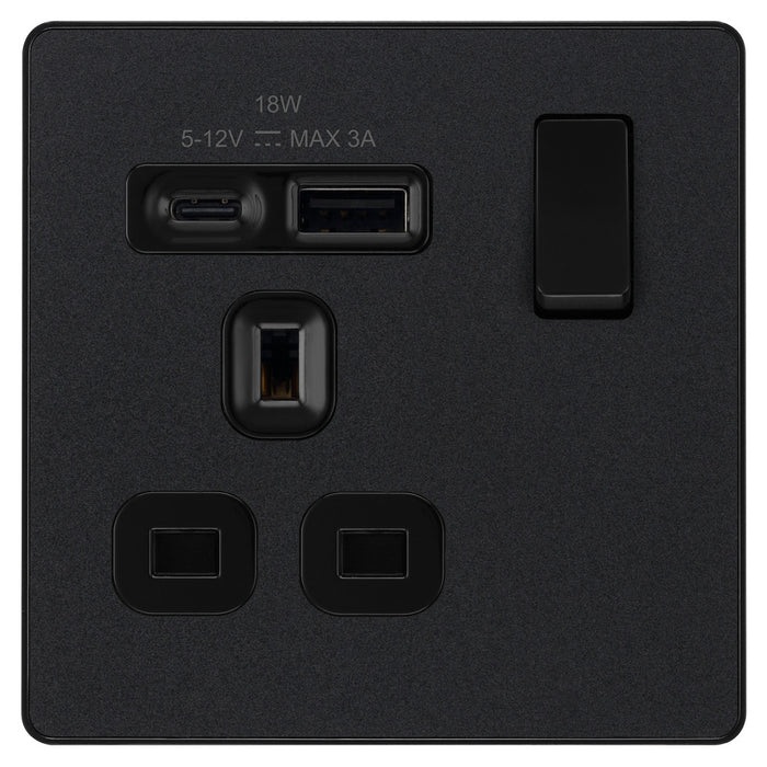 BG Evolve PCDMB21UAC18B 13A Single Switched Power Socket + USB A+C (18W) - Matt Black (Black)