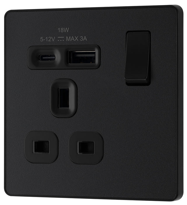 BG Evolve PCDMB21UAC18B 13A Single Switched Power Socket + USB A+C (18W) - Matt Black (Black)