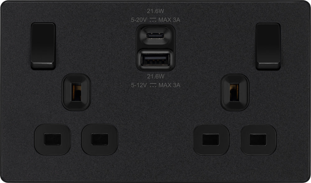 BG Evolve PCDMB22UAC22B 13A Double Switched Power Socket + USB A+C (22W) - Matt Black (Black) - westbasedirect.com