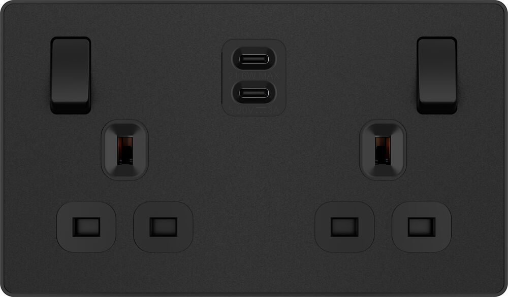 BG Evolve PCDMB22UCC22B 13A Double Switched Power Socket + 2xUSB-C (22W) - Matt Black (Black)