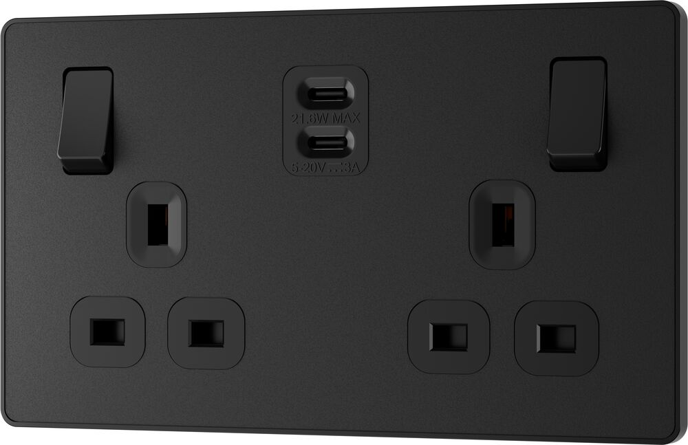 BG Evolve PCDMB22UCC22B 13A Double Switched Power Socket + 2xUSB-C (22W) - Matt Black (Black)