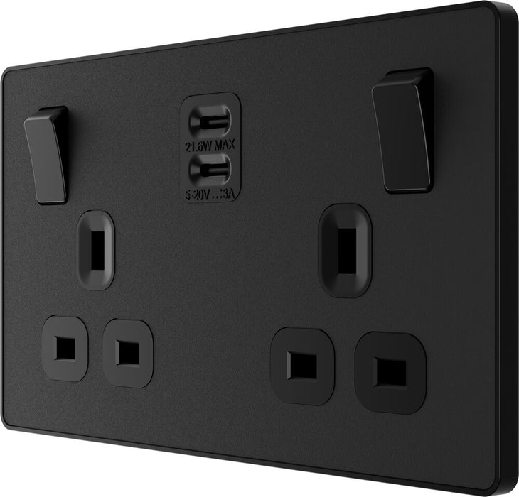 BG Evolve PCDMB22UCC22B 13A Double Switched Power Socket + 2xUSB-C (22W) - Matt Black (Black)