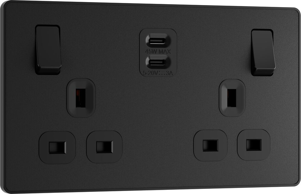 BG Evolve PCDMB22UCC45B 13A Double Switched Power Socket + 2xUSB-C (45W) - Matt Black (Black)