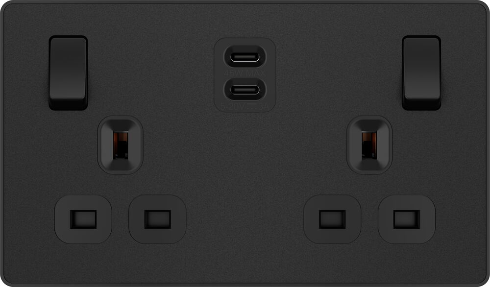 BG Evolve PCDMB22UCC45B 13A Double Switched Power Socket + 2xUSB-C (45W) - Matt Black (Black)
