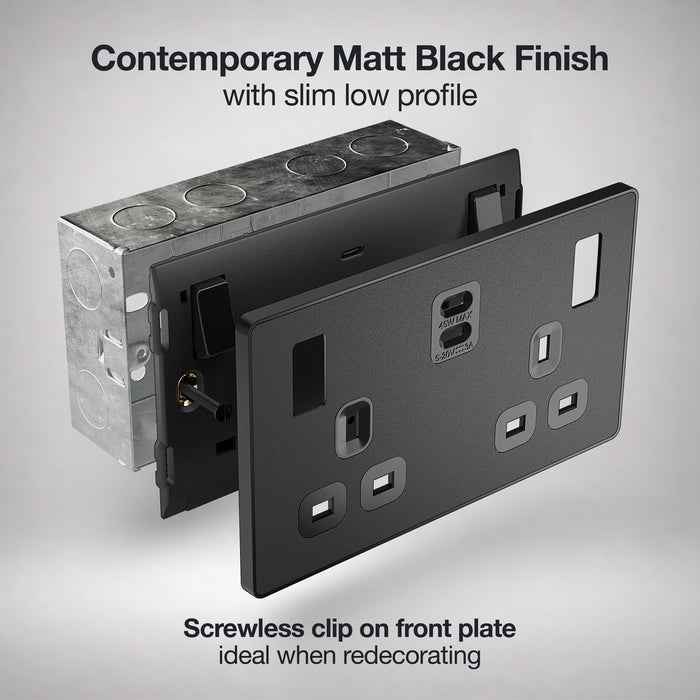 BG Evolve PCDMB22UCC45B 13A Double Switched Power Socket + 2xUSB-C (45W) - Matt Black (Black)