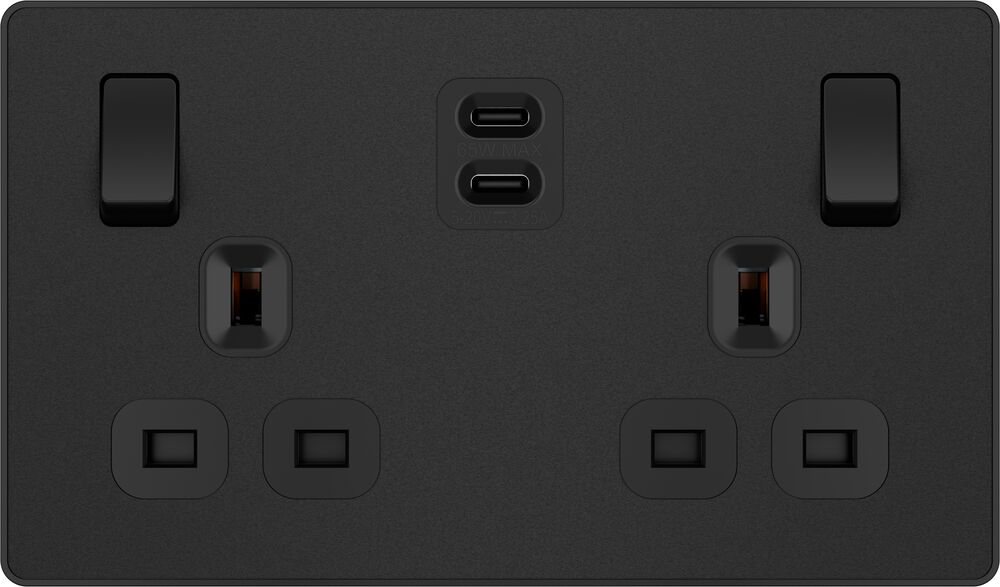 BG Evolve PCDMB22UCC65B 13A Double Switched Power Socket + 2xUSB-C (65W) - Matt Black (Black)