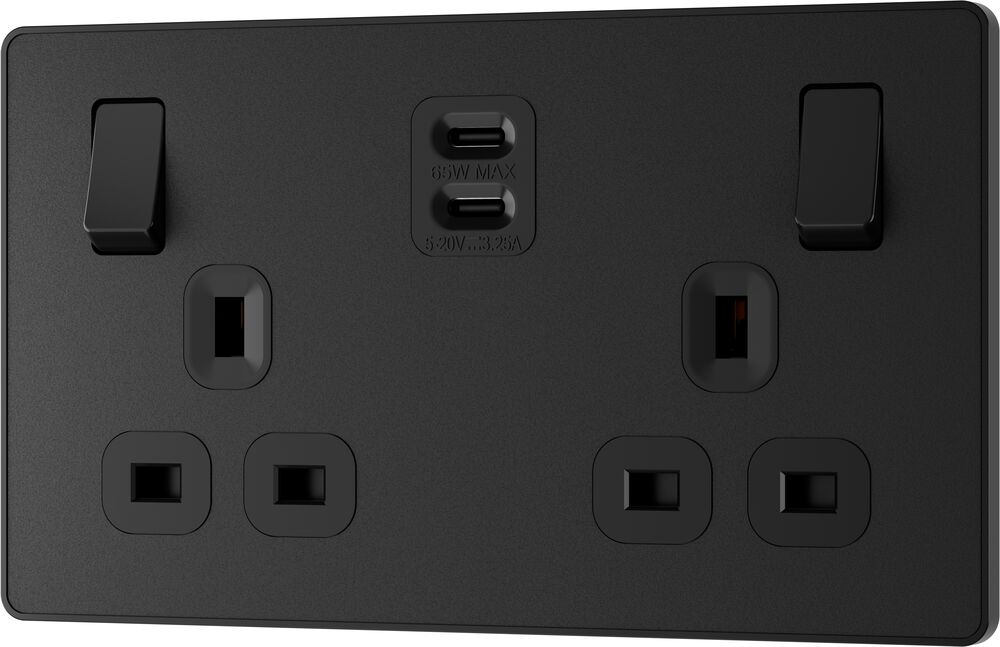 BG Evolve PCDMB22UCC65B 13A Double Switched Power Socket + 2xUSB-C (65W) - Matt Black (Black)