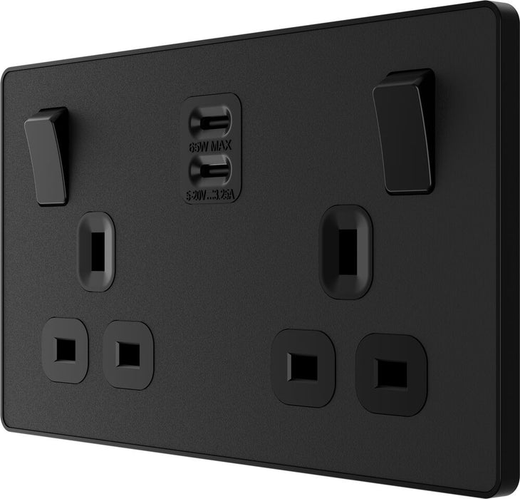 BG Evolve PCDMB22UCC65B 13A Double Switched Power Socket + 2xUSB-C (65W) - Matt Black (Black)