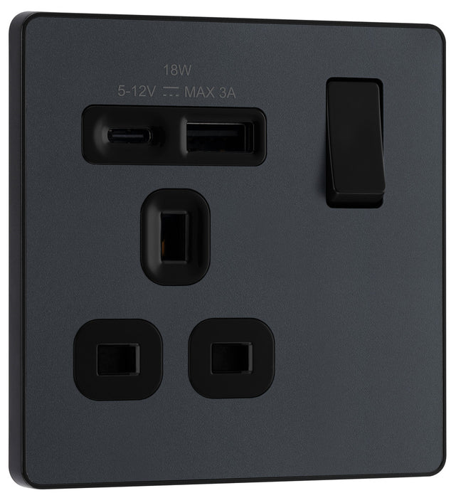 BG Evolve PCDMG21UAC18B 13A Single Switched Power Socket + USB A+C (18W) - Matt Grey (Black)