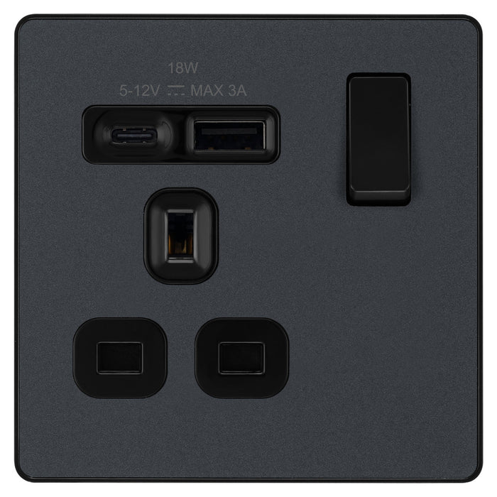 BG Evolve PCDMG21UAC18B 13A Single Switched Power Socket + USB A+C (18W) - Matt Grey (Black)