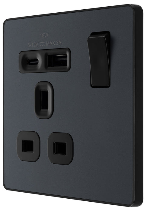 BG Evolve PCDMG21UAC18B 13A Single Switched Power Socket + USB A+C (18W) - Matt Grey (Black)