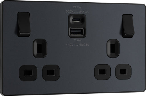 BG Evolve PCDMG22UAC22B 13A Double Switched Power Socket + USB A+C (22W) - Matt Grey (Black) - westbasedirect.com