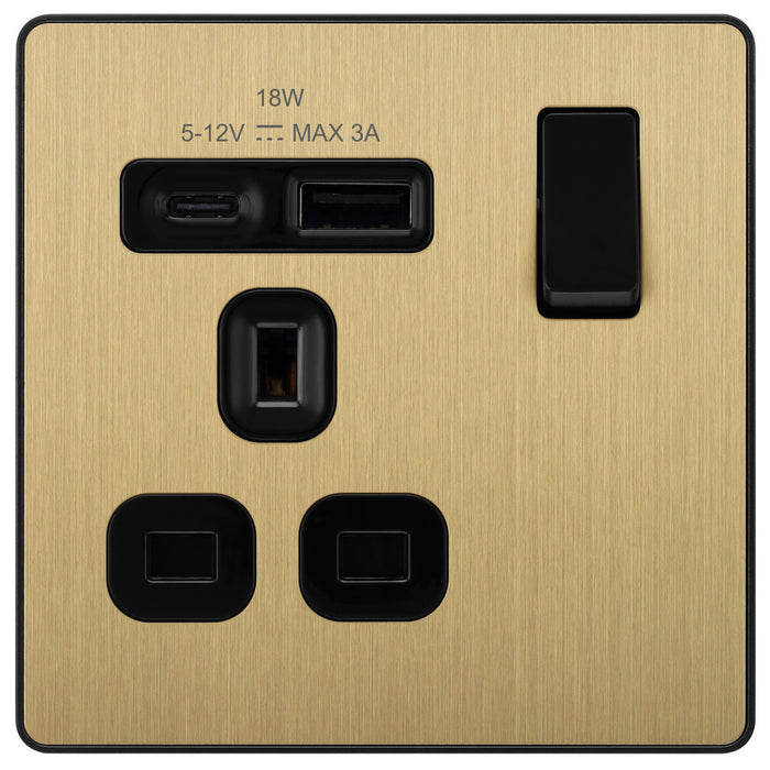 BG Evolve PCDSB21UAC18B 13A Single Switched Power Socket + USB A+C (18W) - Satin Brass (Black)