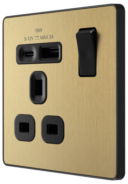 BG Evolve PCDSB21UAC18B 13A Single Switched Power Socket + USB A+C (18W) - Satin Brass (Black)