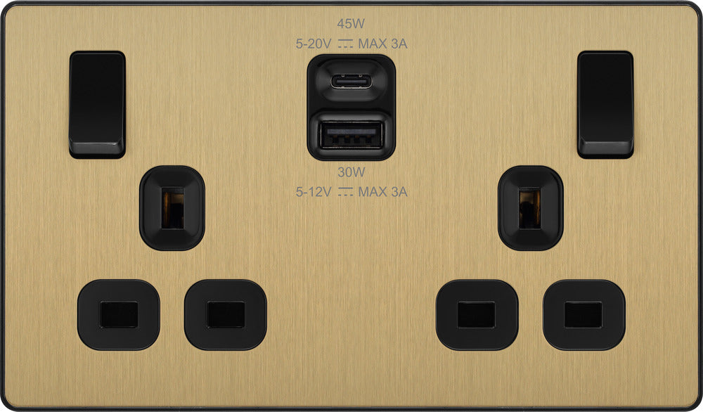 BG Evolve PCDSB22UAC45B 13A Double Switched Power Socket + USB A+C (45W) - Satin Brass (Black) - westbasedirect.com