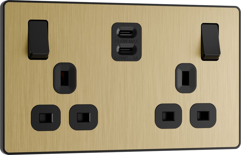 BG Evolve PCDSB22UCC22B 13A Double Switched Power Socket + 2xUSB-C (22W) - Satin Brass (Black)