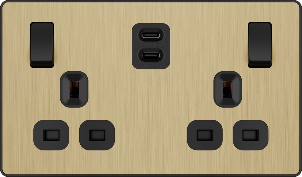 BG Evolve PCDSB22UCC22B 13A Double Switched Power Socket + 2xUSB-C (22W) - Satin Brass (Black)