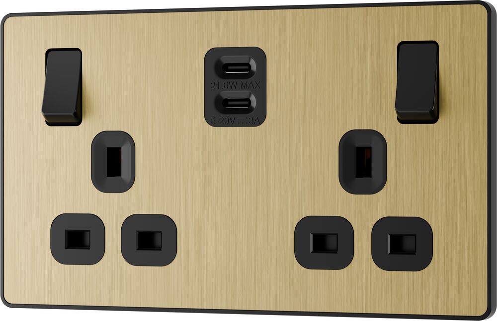BG Evolve PCDSB22UCC22B 13A Double Switched Power Socket + 2xUSB-C (22W) - Satin Brass (Black)