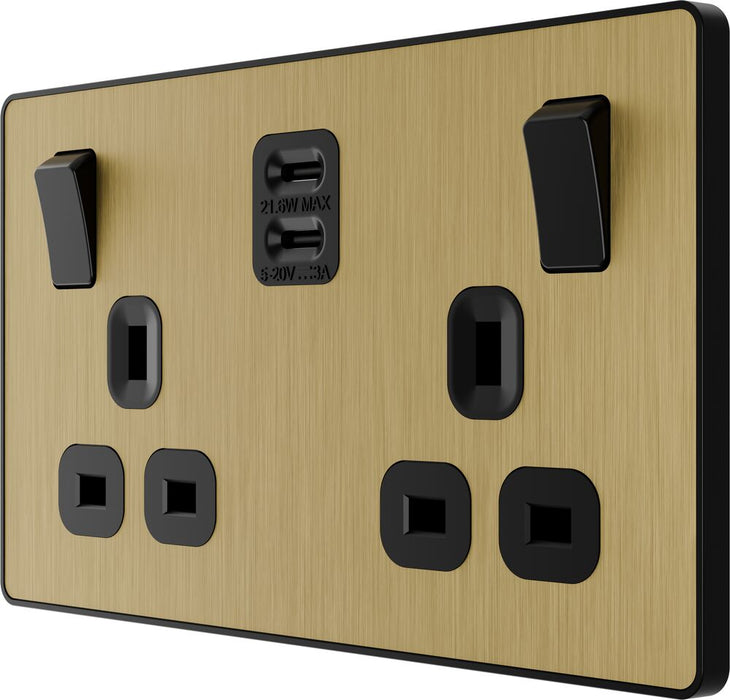 BG Evolve PCDSB22UCC22B 13A Double Switched Power Socket + 2xUSB-C (22W) - Satin Brass (Black)