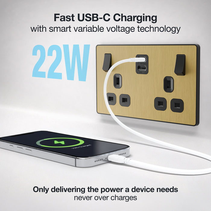BG Evolve PCDSB22UCC22B 13A Double Switched Power Socket + 2xUSB-C (22W) - Satin Brass (Black)
