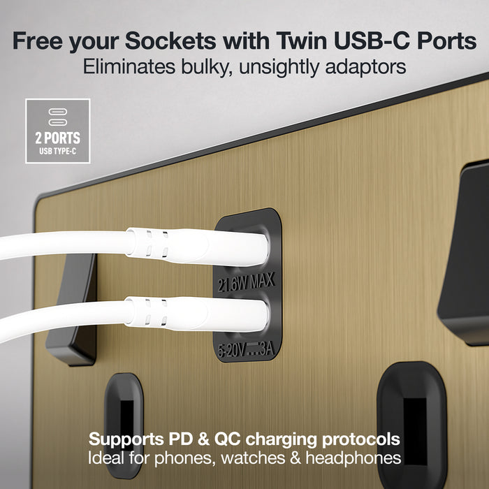 BG Evolve PCDSB22UCC22B 13A Double Switched Power Socket + 2xUSB-C (22W) - Satin Brass (Black)